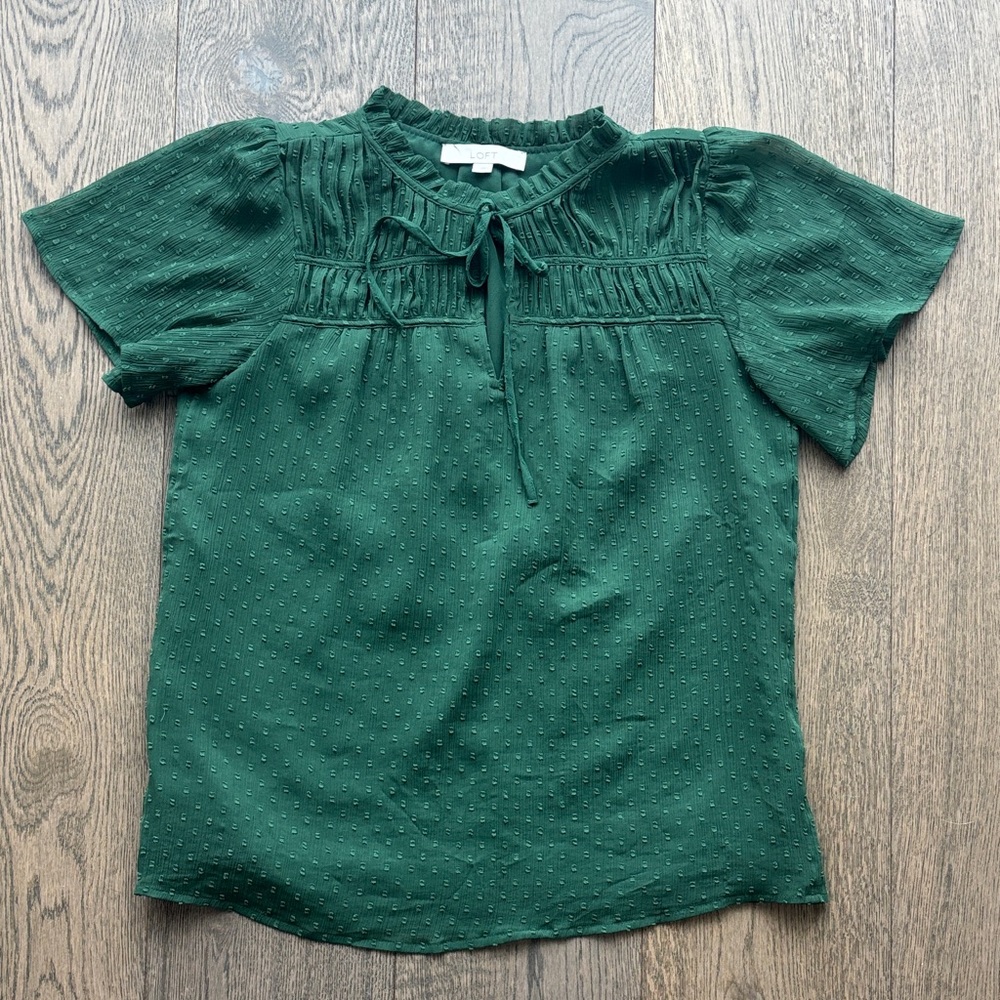LOFT Deep Green Textured Blouse with Front Tie